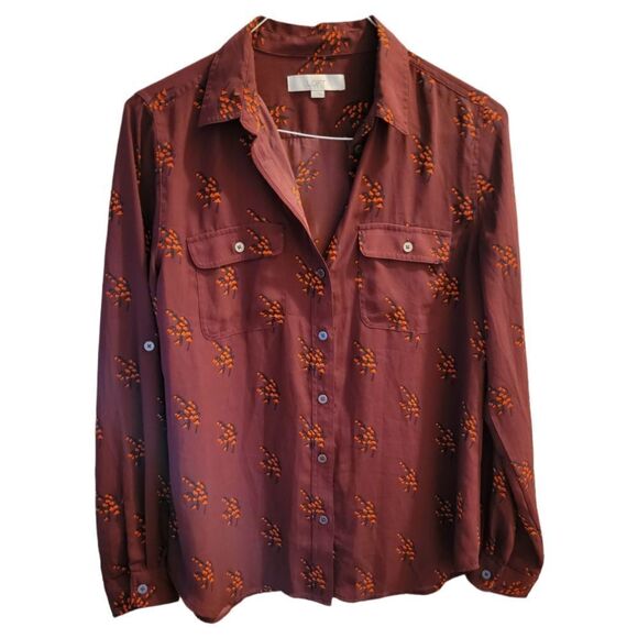 Ann Taylor LOFT Maroon Floral Print Buttoned Front Shirt Size Medium - Picture 1 of 5